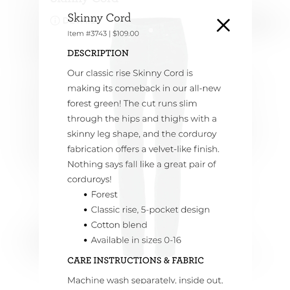 CAbi Women's Skinny Jeans Cords in Dark Green Style #3743 - Picture 6 of 9